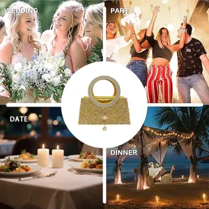 Gold rhinestone evening bag with circular handle, luxury clutch for party and wedding.