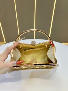 Gold rhinestone evening clutch bag with metal handle elegant bridal party shoulder handbag