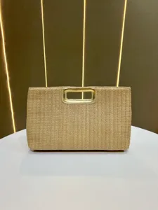 Woven straw clutch handbag with metallic gold handle detailed design for women fashion stylish daily use