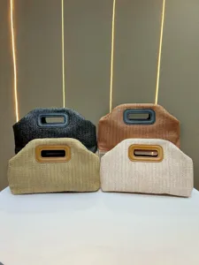 Stylish women straw woven handbag with leather handle, versatile casual beach clutch bag.