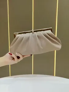 Elegant pleated leather clutch evening bag with sparkling rhinestone metallic frame for women