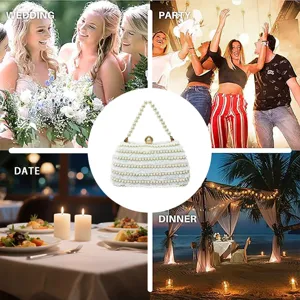 Elegant white pearl beaded evening clutch bag for women wedding party date and dinner events.
