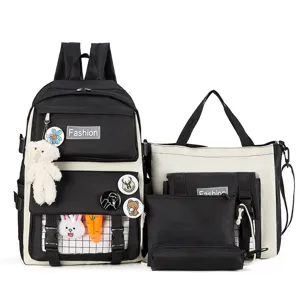 Multi-piece student canvas backpack set, black and white trendy school bag for girls boys