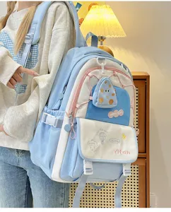 Cartable scolaire mignon multi-poches pour filles sac à dos décontracté élégant bleu clair