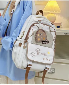 Sac à dos d'étudiant en toile décontracté avec broderie mignonne, multi-poches, blanc.