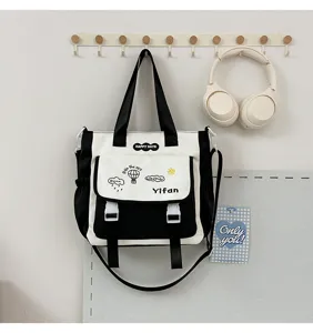 Sac bandoulière en toile noir et blanc sac fourre-tout étudiant décontracté avec détails