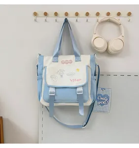 Sac messager en toile bleu et blanc sac d'école mignon pour étudiant avec boucles