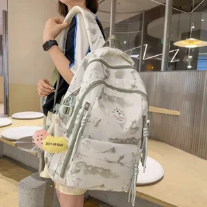 Grand Sac à Dos d'École Femme Casual Impression Paysage avec Pendentif Sac de Campus Jeunesse