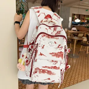 Grand sac à dos d'école pour filles avec impression de paysage rouge pour les étudiants.