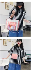 Canvas campus shoulder bag set with cute bunny pendant and pink white color block design.