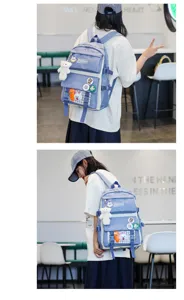 Casual multi-pocket campus backpack for students, stylish daily school bag with cute pendants.