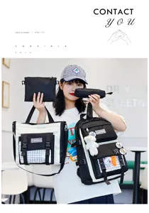 Campus school bag four-piece set, black and white plaid backpack, tote bag, pouch and pencil case.