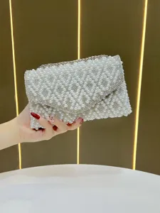 Pearl rhinestone evening clutch bag, elegant chain shoulder bag for banquet and party.