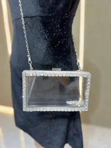 Clear Acrylic Rhinestone Evening Clutch Bag Women Luxury Square Crossbody Chain Shoulder Bag