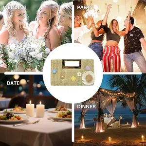 Straw woven clutch bag detail scene with floral appliques and metal handle design.