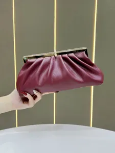 Elegant wine red pleated evening clutch bag with rhinestone clasp for women wedding party.