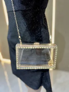 Clear Acrylic Rhinestone Box Clutch Bag Gold Chain Evening Handbag Crossbody Shoulder Purse