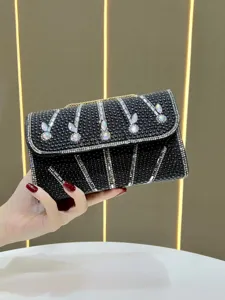 Black rhinestone evening clutch bag, elegant diamond shoulder bag for women parties.