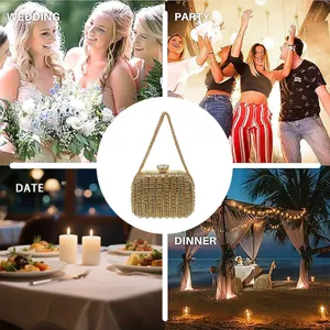 Gold rhinestone evening clutch bag with chain strap elegant crystal closure for party wedding