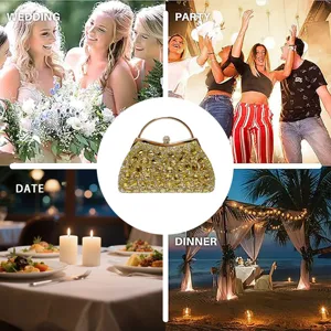 Gold rhinestone evening clutch bag for women, elegant glitter wedding party handbag.