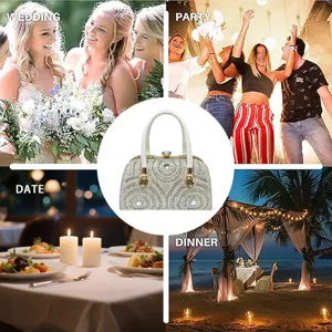 Elegant rhinestone evening bag with beaded pattern and top handle for weddings and parties.