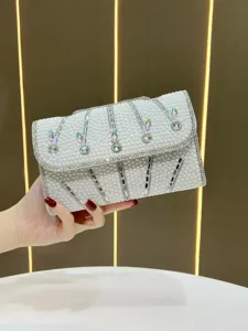 Elegant white pearl rhinestone evening clutch bag, stylish handmade beaded cross-body handbag.