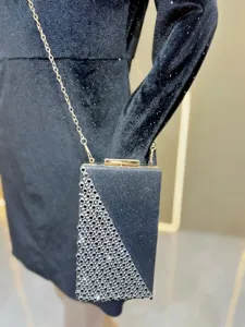 Detailed view of women evening party rhinestone crossbody bag luxury black hard case clutch purse.