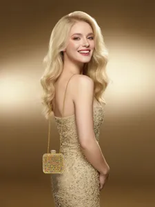 Stunning rhinestone evening bag detail shot, sparkling crystal clutch for party and wedding.