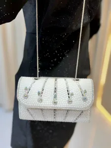 Elegant white pearl rhinestone shoulder bag sparkling evening crossbody bag for women detail view.