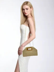 Woven straw crossbody bag with metal chain and unique top handle for women stylish daily use.