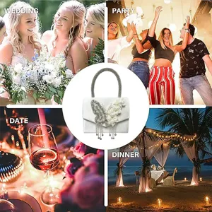Elegant rhinestone butterfly evening bag with pearl floral decor and chic crystal handle for party.
