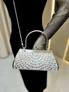 Stunning silver rhinestone evening bag with metal handle and chain strap for women elegant party.