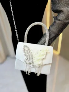 Elegant white rhinestone butterfly tassel evening bag with chain strap for women chic party.