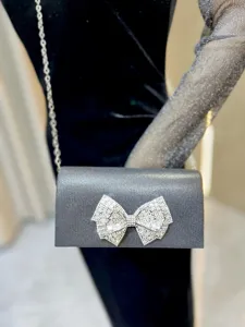 Elegant rhinestone bow evening bag with silver chain strap for women party cocktail dress