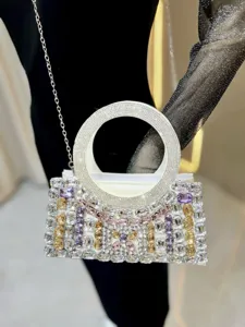 Luxury rhinestone evening bag with round handle and chain strap for women party cocktail.