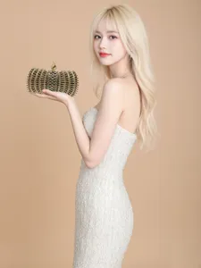 Detailed view of luxury rhinestone evening clutch bag held by model, elegant banquet accessory.