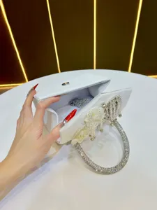 White velvet evening clutch bag with rhinestones and pearl tassels for women main view