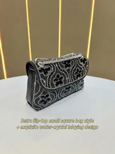Black Rhinestone Evening Bag Women Chain Shoulder Crossbody Flap Small Square Bag