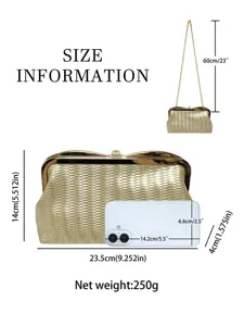Elegant gold woven clutch bag with chain strap, perfect for evening parties and weddings.
