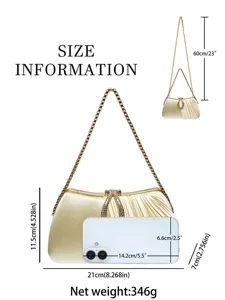 Elegante borsa da sera dorata con fibbia in strass scintillante e tracolla a catena.