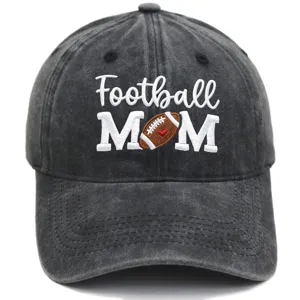 Washed black baseball cap with Football MOM embroidery, perfect outdoor sun protection hat.