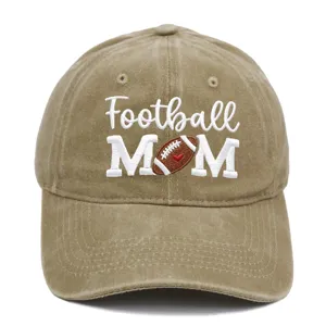Detailed close-up of embroidered baseball cap featuring football mom design, washed cotton fabric.