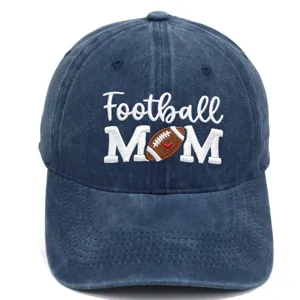 Washed blue cotton baseball cap for women, embroidered Football Mom design, casual sun hat.