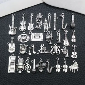 Breloques de musique en argent antique, pendentifs rétro instruments pour bijoux DIY.