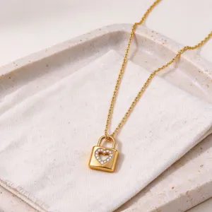 Stainless steel gold heart lock pendant necklace elegant hollow diamond jewelry for women daily wear