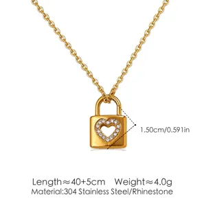 Stainless steel gold padlock necklace with rhinestone heart pendant, stylish jewelry for women.