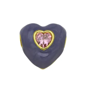 Ciondolo a cuore in smalto viola e zircone rosa in ottone placcato oro 18k per collana.