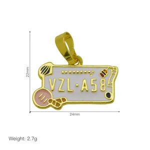 Gold-plated metal enamel license plate pendant necklace charm, size 22x24mm, weight 2.7g.