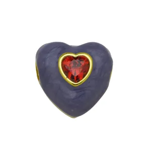 Ciondolo a cuore in smalto viola con zircone rosso in ottone placcato oro 18k per gioielli.