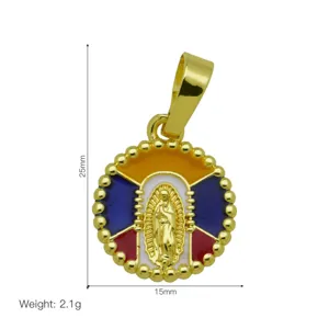 Gold-plated enamel religious pendant detail showing 25x15mm dimensions and 2.1g weight.